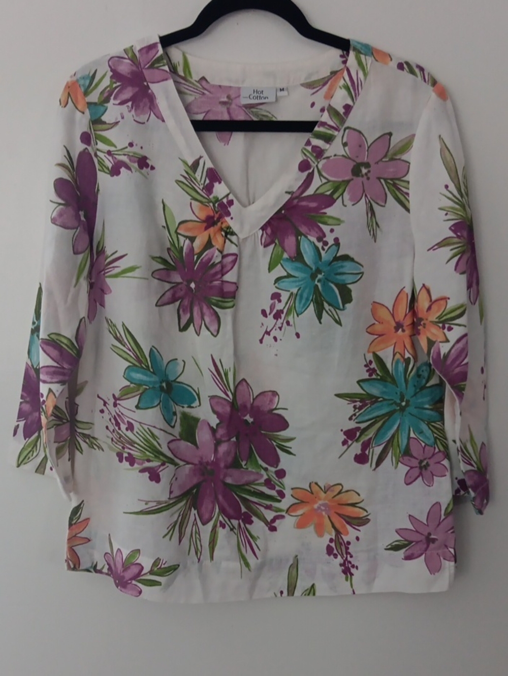 Hot Cotton White Floral V-Neck Women's Top #3782